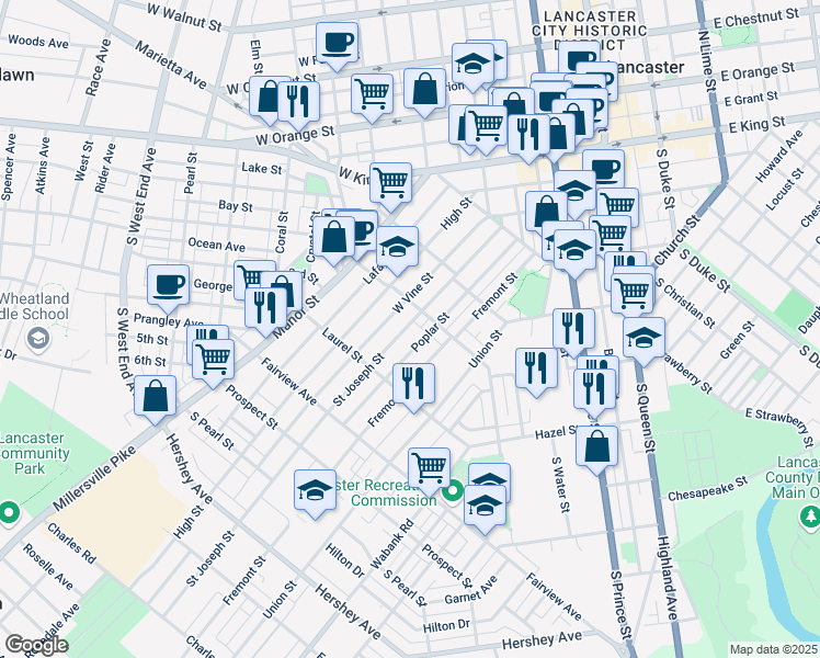 map of restaurants, bars, coffee shops, grocery stores, and more near 622 Saint Joseph Street in Lancaster