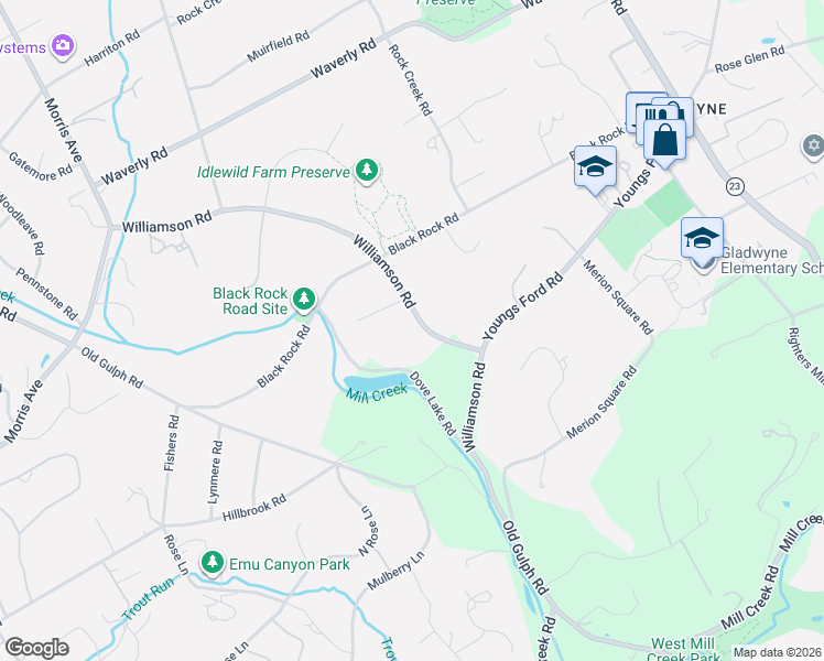 map of restaurants, bars, coffee shops, grocery stores, and more near 406 Williamson Road in Gladwyne