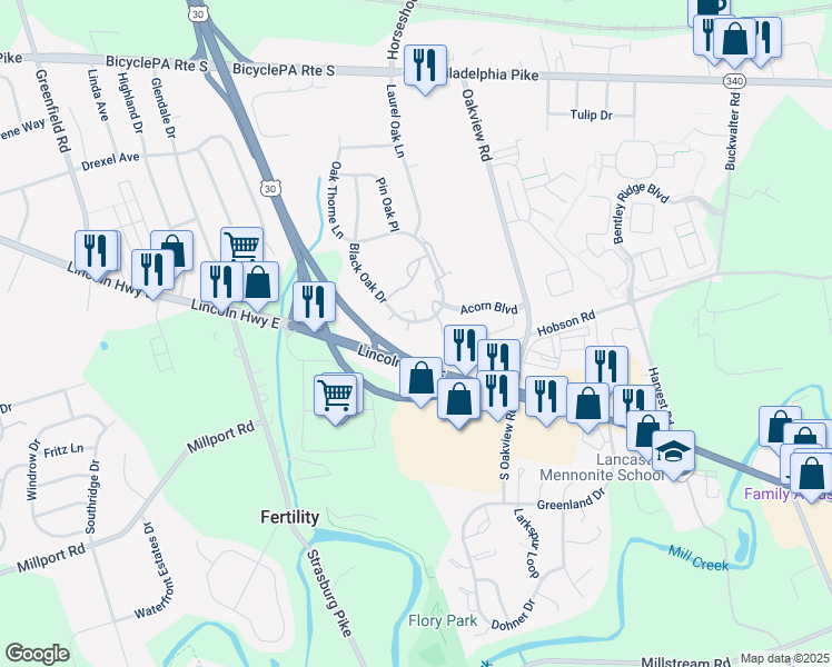 map of restaurants, bars, coffee shops, grocery stores, and more near 45 Black Oak Drive in Lancaster