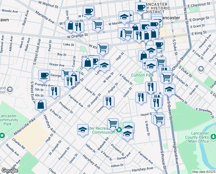 map of restaurants, bars, coffee shops, grocery stores, and more near 622 Saint Joseph Street in Lancaster