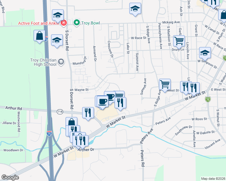 map of restaurants, bars, coffee shops, grocery stores, and more near 1470 Lantern Lane in Troy