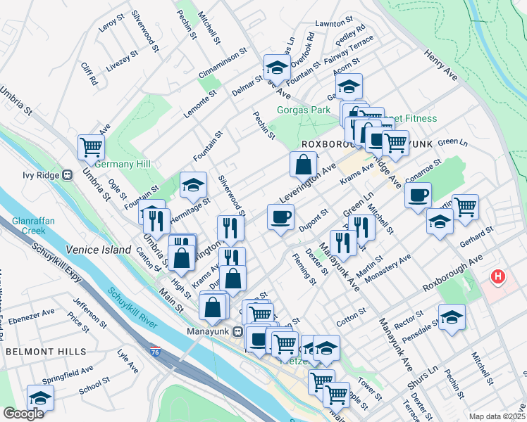 map of restaurants, bars, coffee shops, grocery stores, and more near 332 Leverington Avenue in Philadelphia
