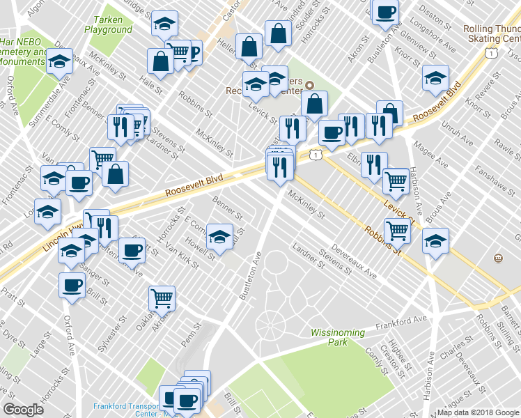 map of restaurants, bars, coffee shops, grocery stores, and more near 1967 Lardner Street in Philadelphia