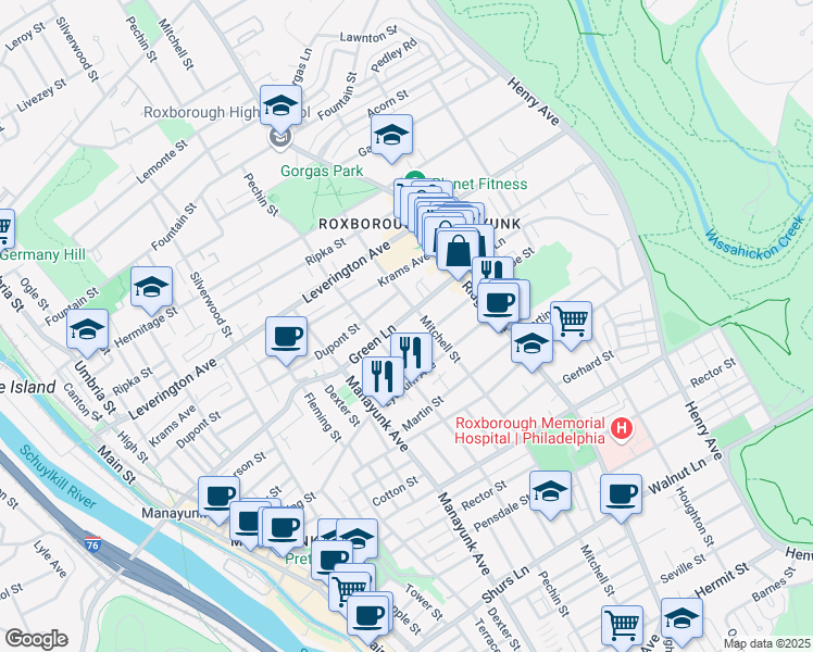 map of restaurants, bars, coffee shops, grocery stores, and more near 425 Green Lane in Philadelphia