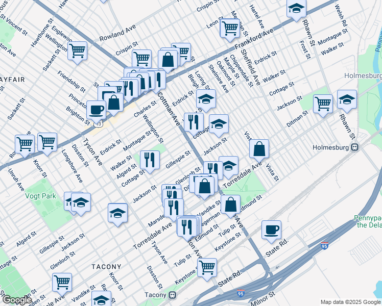 map of restaurants, bars, coffee shops, grocery stores, and more near 7236 Jackson Street in Philadelphia
