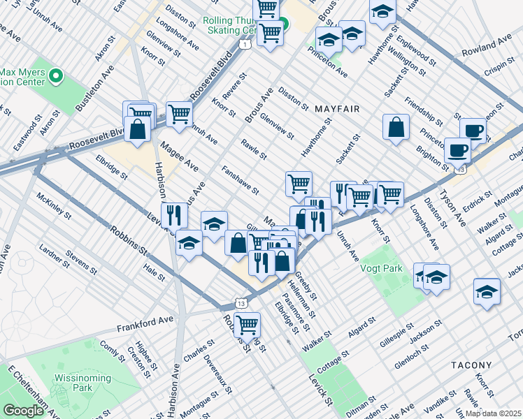 map of restaurants, bars, coffee shops, grocery stores, and more near 3121 Magee Avenue in Philadelphia