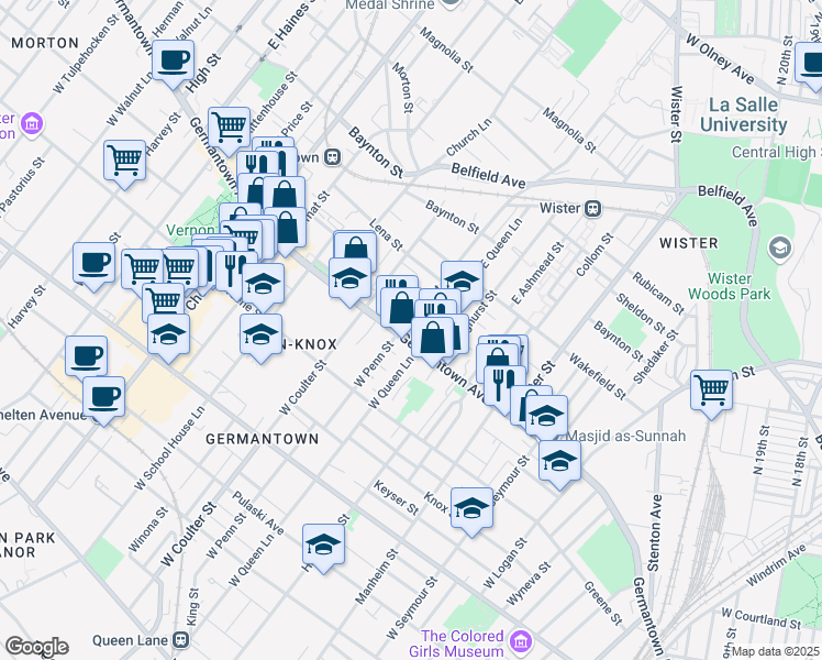 map of restaurants, bars, coffee shops, grocery stores, and more near 1 Penn Court in Philadelphia
