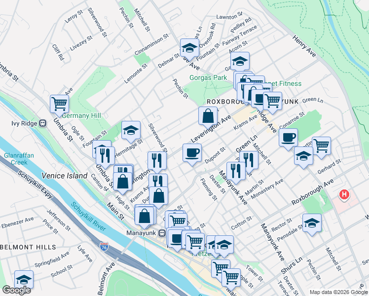 map of restaurants, bars, coffee shops, grocery stores, and more near 4582 Fleming Street in Philadelphia