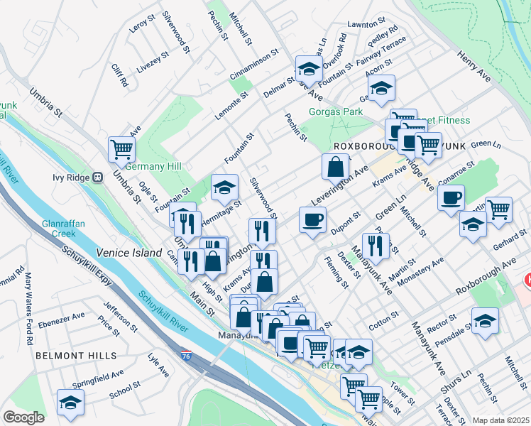 map of restaurants, bars, coffee shops, grocery stores, and more near 296 Leverington Avenue in Philadelphia