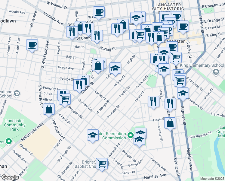 map of restaurants, bars, coffee shops, grocery stores, and more near 642 Saint Joseph Street in Lancaster
