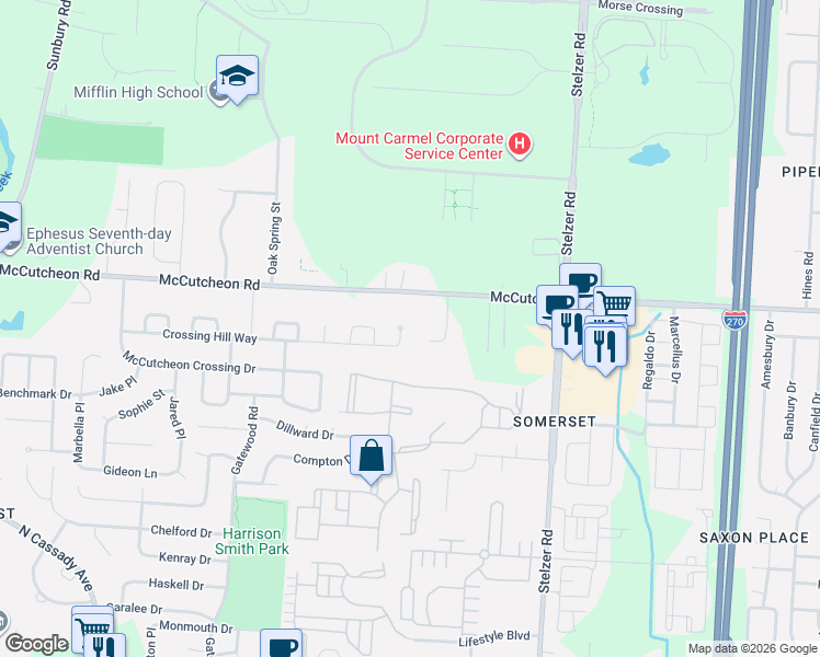 map of restaurants, bars, coffee shops, grocery stores, and more near 2870 Merwin Hill Drive in Columbus