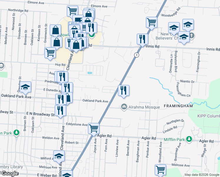 map of restaurants, bars, coffee shops, grocery stores, and more near 3125 Westerville Road in Columbus