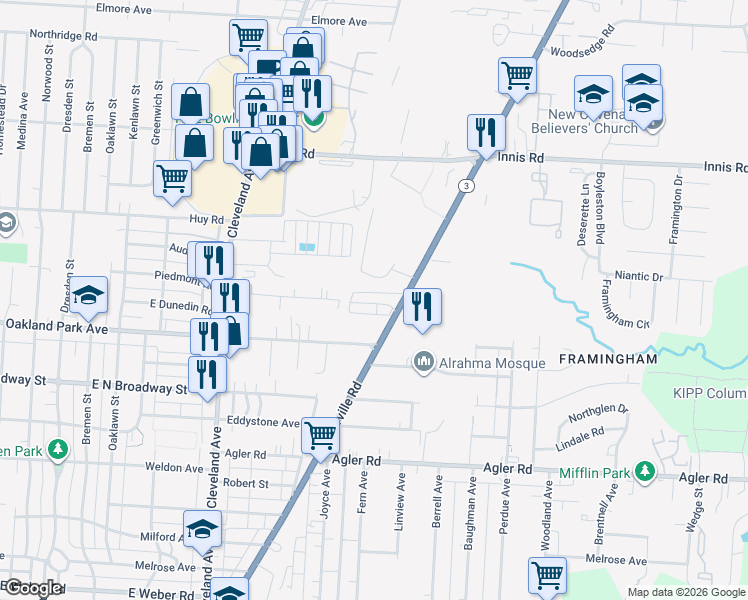 map of restaurants, bars, coffee shops, grocery stores, and more near 3125 Westerville Road in Columbus