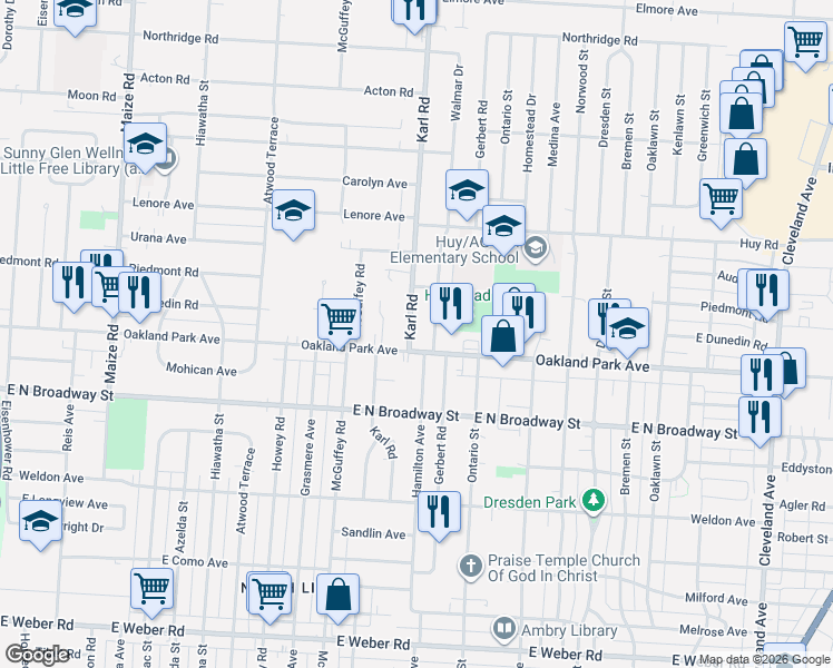 map of restaurants, bars, coffee shops, grocery stores, and more near 1303 Oakland Park Avenue in Columbus
