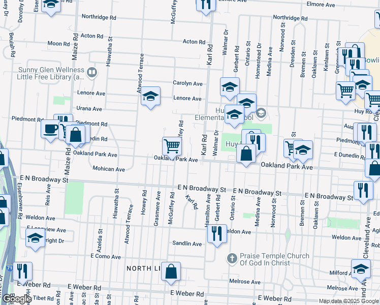 map of restaurants, bars, coffee shops, grocery stores, and more near 1247 Oakland Park Avenue in Columbus