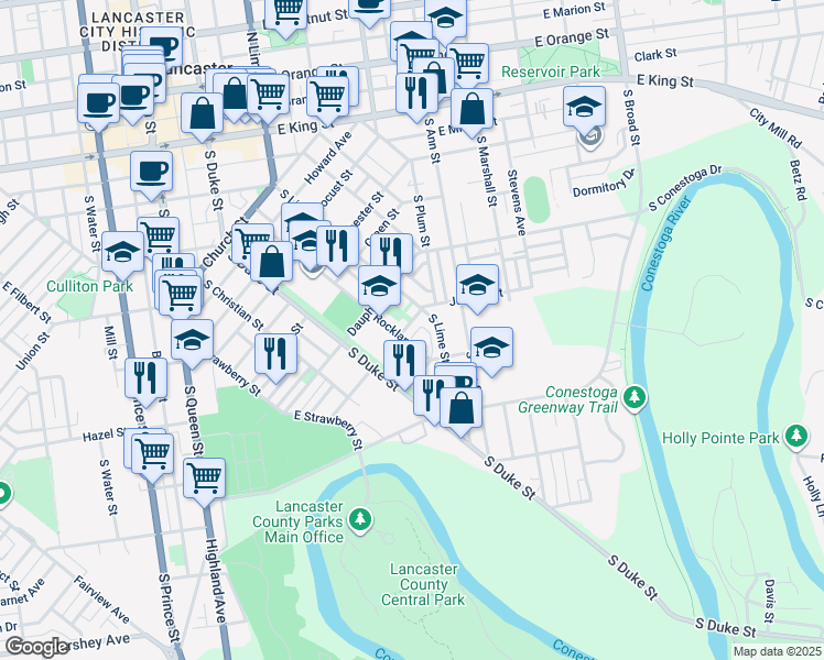map of restaurants, bars, coffee shops, grocery stores, and more near 227 Juniata Street in Lancaster