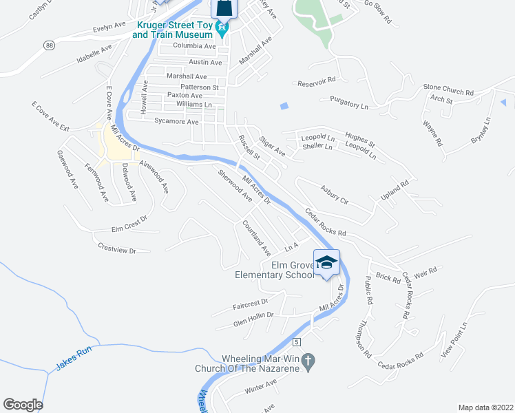 map of restaurants, bars, coffee shops, grocery stores, and more near 90 Sherwood Avenue in Wheeling