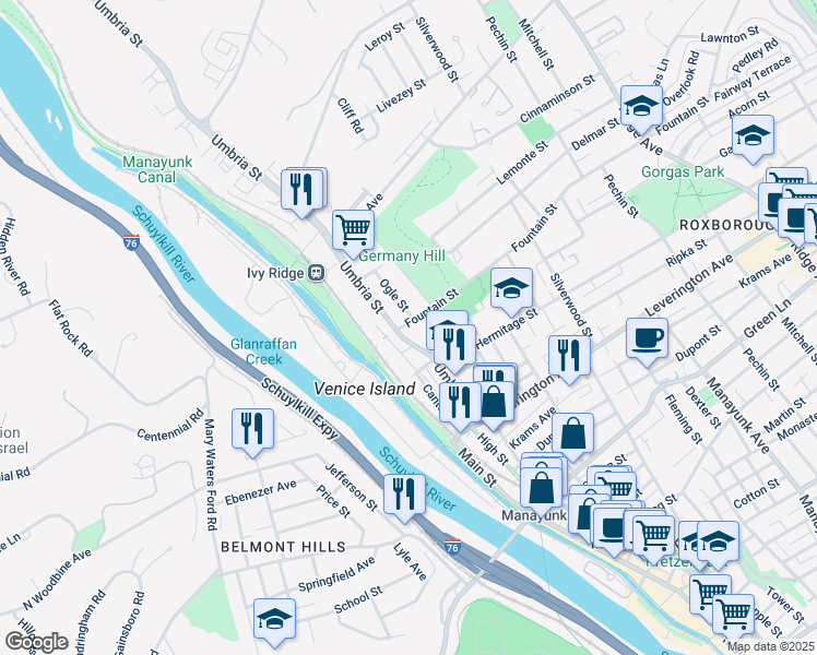 map of restaurants, bars, coffee shops, grocery stores, and more near 143 Fountain Street in Philadelphia