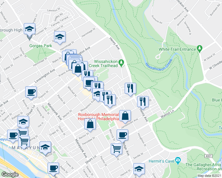 map of restaurants, bars, coffee shops, grocery stores, and more near 5965 Houghton Street in Philadelphia