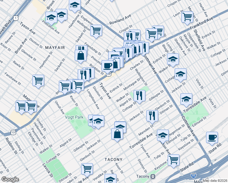 map of restaurants, bars, coffee shops, grocery stores, and more near 4209 Tyson Avenue in Philadelphia