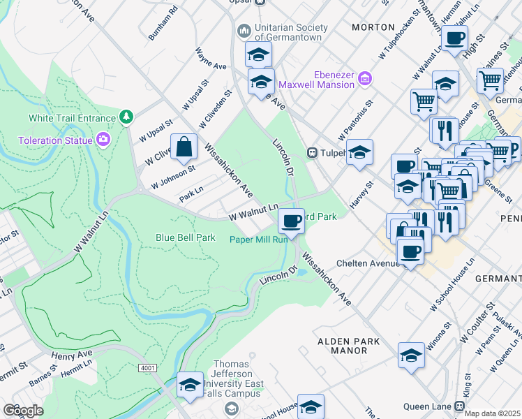 map of restaurants, bars, coffee shops, grocery stores, and more near 605 West Walnut Lane in Philadelphia