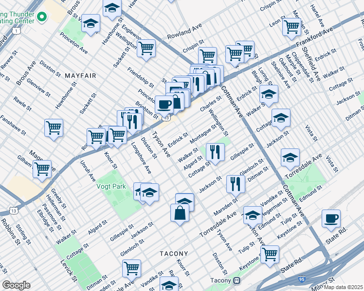 map of restaurants, bars, coffee shops, grocery stores, and more near 7028 Montague Street in Philadelphia