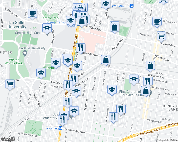 map of restaurants, bars, coffee shops, grocery stores, and more near 1218 Wagner Avenue in Philadelphia
