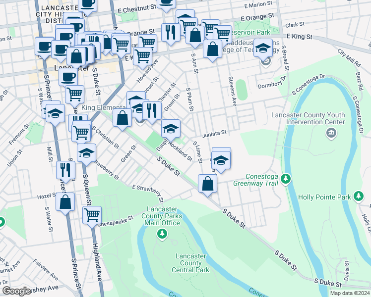 map of restaurants, bars, coffee shops, grocery stores, and more near 227 Juniata Street in Lancaster