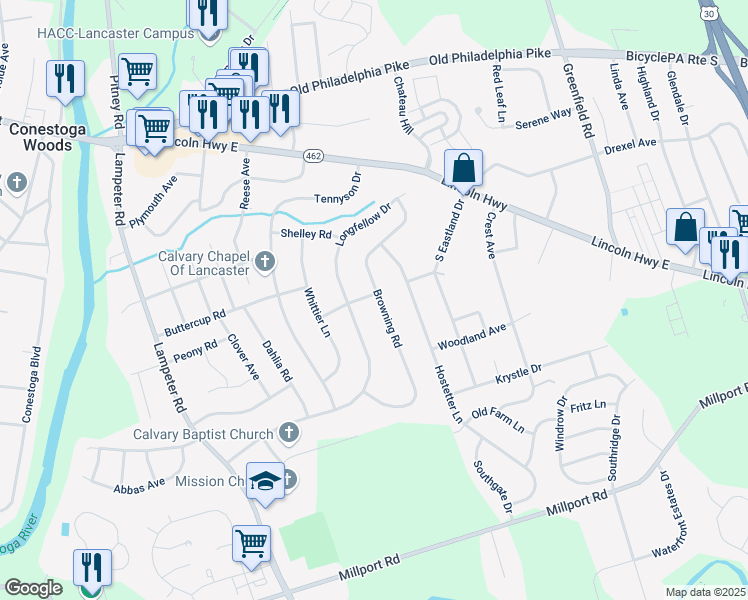 map of restaurants, bars, coffee shops, grocery stores, and more near 210 Browning Road in Lancaster