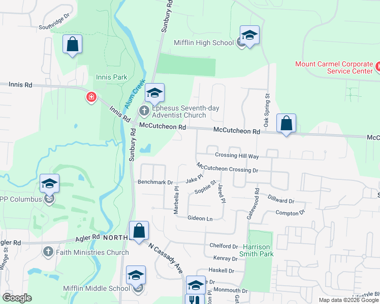 map of restaurants, bars, coffee shops, grocery stores, and more near 3155 Crossing Hill Way in Columbus