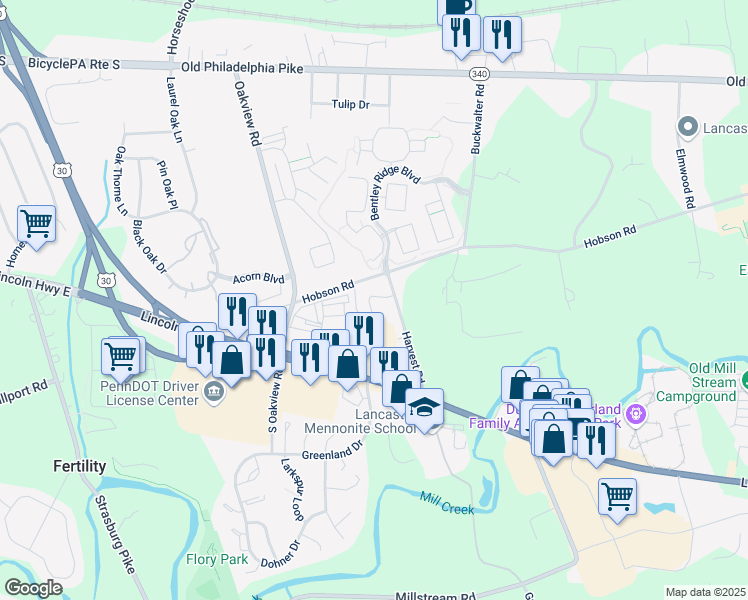 map of restaurants, bars, coffee shops, grocery stores, and more near 48 Harvest Road in Lancaster