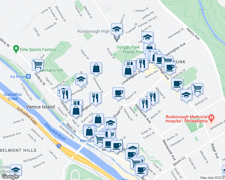 map of restaurants, bars, coffee shops, grocery stores, and more near 340 Leverington Avenue in Philadelphia