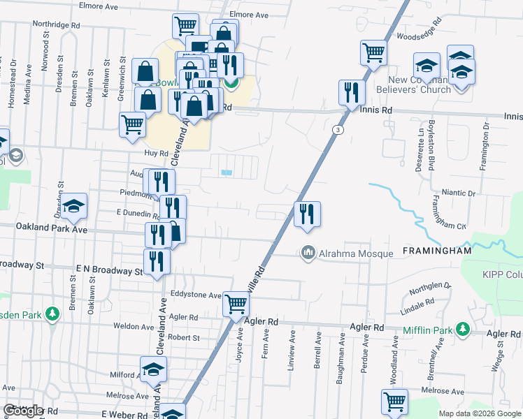 map of restaurants, bars, coffee shops, grocery stores, and more near 3137 Westerville Road in Columbus
