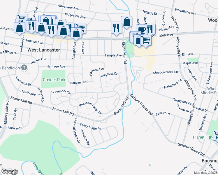 map of restaurants, bars, coffee shops, grocery stores, and more near 105 Clearfield Court East in Lancaster