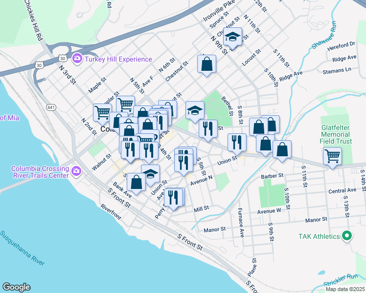 map of restaurants, bars, coffee shops, grocery stores, and more near 450 Cherry Street in Columbia