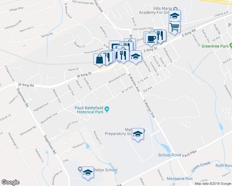map of restaurants, bars, coffee shops, grocery stores, and more near 143 West 1st Avenue in Malvern