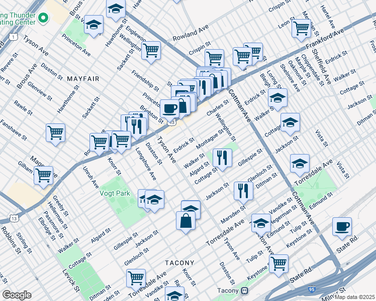 map of restaurants, bars, coffee shops, grocery stores, and more near 7028 Montague Street in Philadelphia