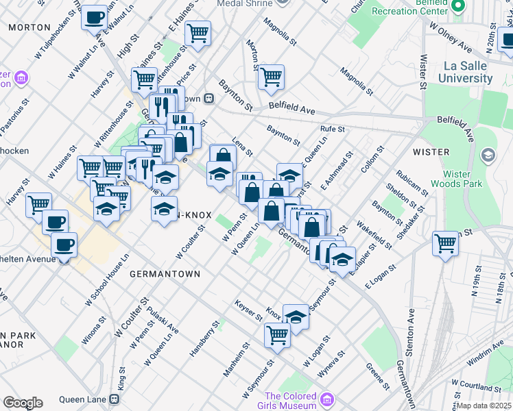 map of restaurants, bars, coffee shops, grocery stores, and more near 5283 Germantown Avenue in Philadelphia