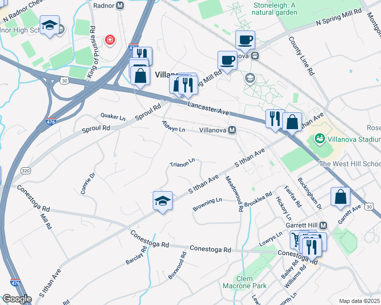 map of restaurants, bars, coffee shops, grocery stores, and more near 218 Trianon Lane in Villanova