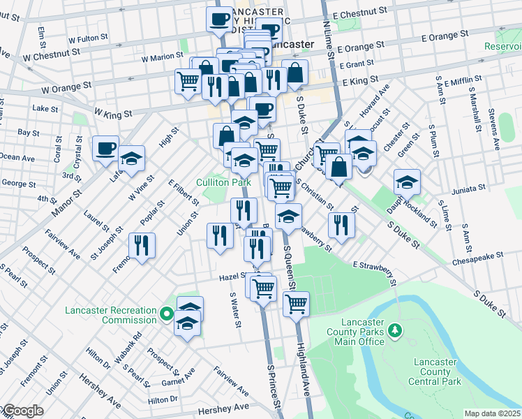 map of restaurants, bars, coffee shops, grocery stores, and more near 318 Beaver Street in Lancaster