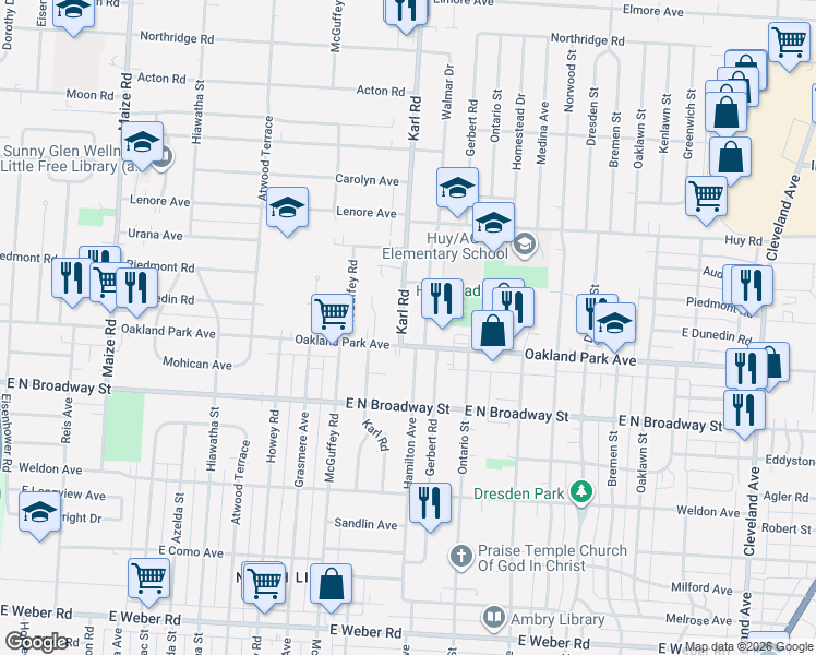 map of restaurants, bars, coffee shops, grocery stores, and more near 1303 Oakland Park Avenue in Columbus