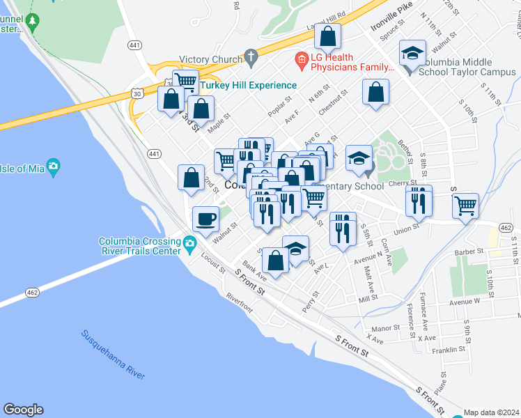 map of restaurants, bars, coffee shops, grocery stores, and more near 40 North 3rd Street in Columbia