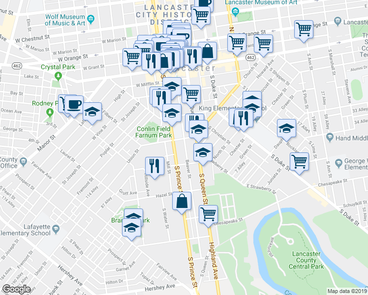 map of restaurants, bars, coffee shops, grocery stores, and more near 318 Beaver Street in Lancaster