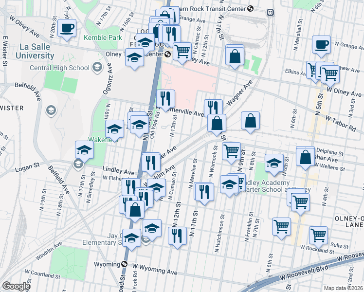 map of restaurants, bars, coffee shops, grocery stores, and more near 1218 Wagner Avenue in Philadelphia