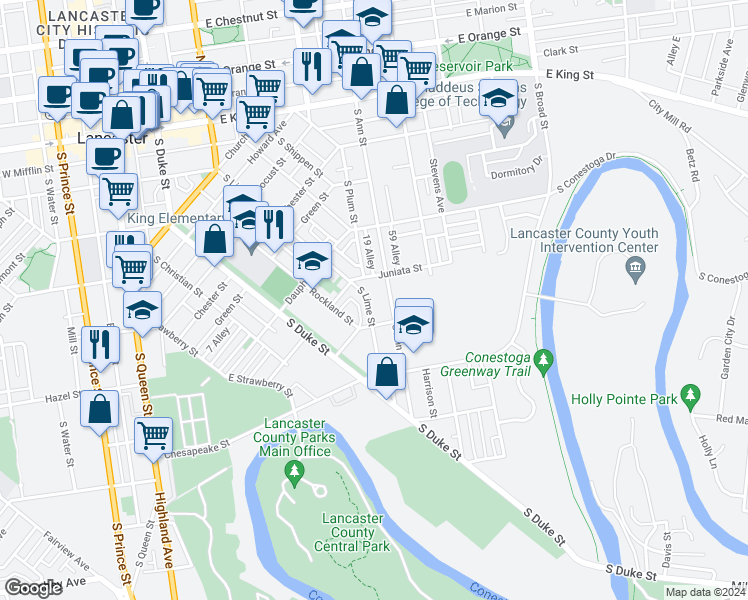 map of restaurants, bars, coffee shops, grocery stores, and more near 733 South Lime Street in Lancaster