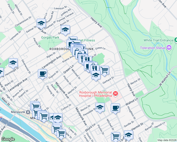 map of restaurants, bars, coffee shops, grocery stores, and more near 118 Ridge Avenue in Philadelphia