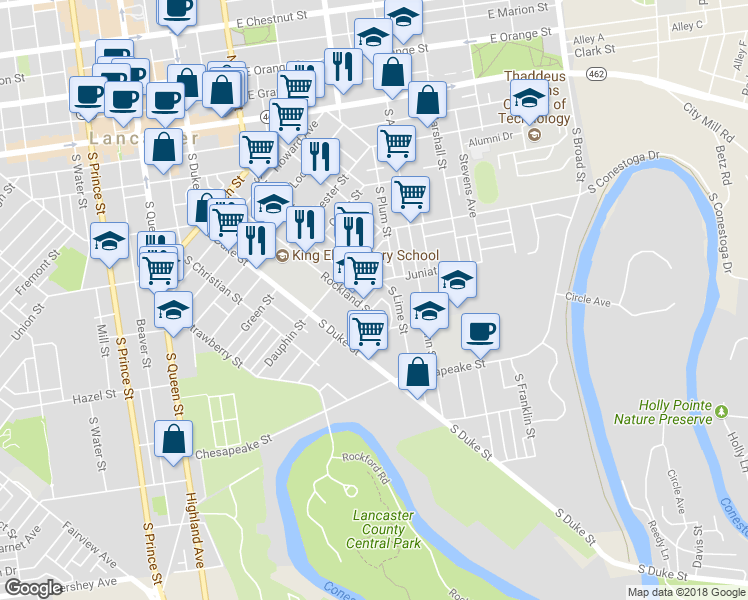 map of restaurants, bars, coffee shops, grocery stores, and more near 225 Juniata Street in Lancaster