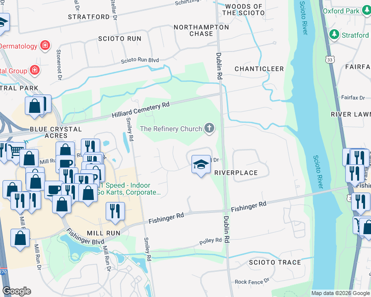 map of restaurants, bars, coffee shops, grocery stores, and more near 3373 Harbor Bay Drive in Columbus