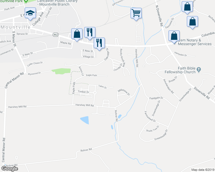 map of restaurants, bars, coffee shops, grocery stores, and more near 478 Talon Drive in Mountville