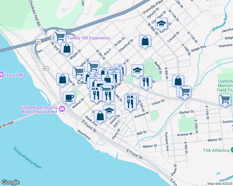 map of restaurants, bars, coffee shops, grocery stores, and more near 21 South 4th Street in Columbia